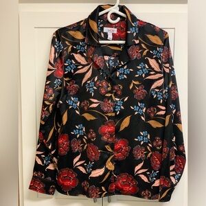 Denim and Company, silky blouse, size medium, floral, black background